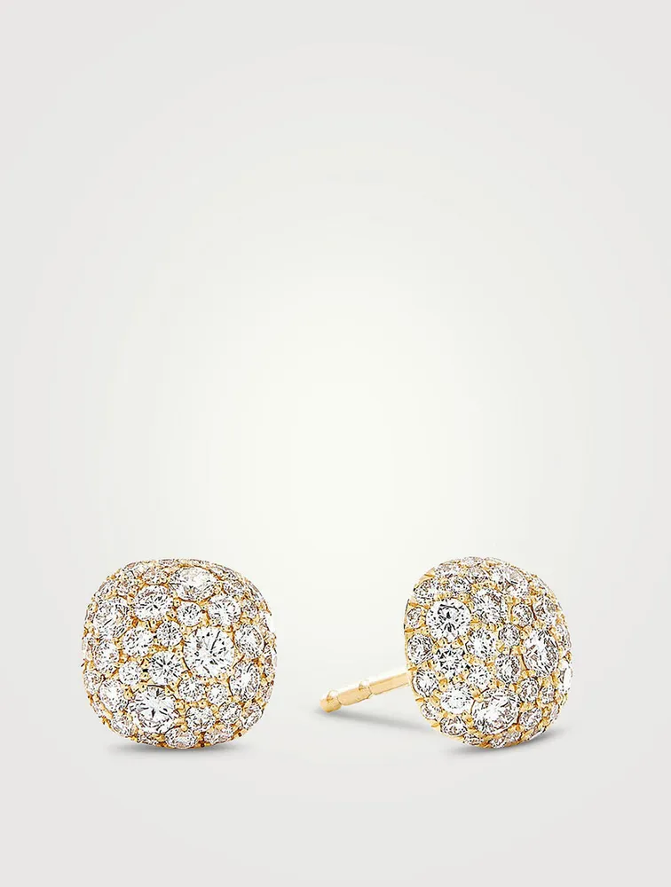 Cushion Stud Earrings In 18k Yellow Gold With Pavé Diamonds
