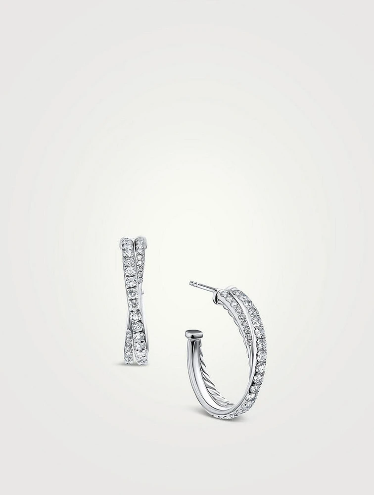 Pavé Crossover Hoop Earrings In 18k White Gold With Diamonds