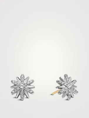 Petite Starburst Stud Earrings In Sterling Silver With Pavé Diamonds