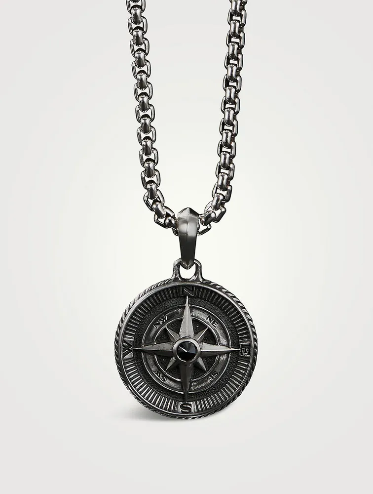 Maritime® Compass Amulet In Sterling Silver With Center Black Diamond