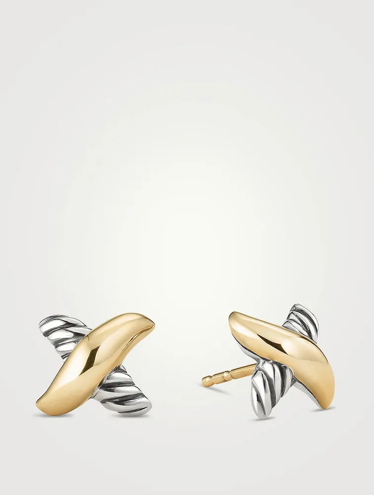 Petite X Stud Earrings In Sterling Silver With 18k Yellow Gold