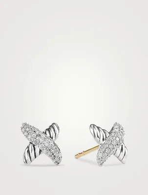Petite X Stud Earrings In Sterling Silver With Pavé Diamonds