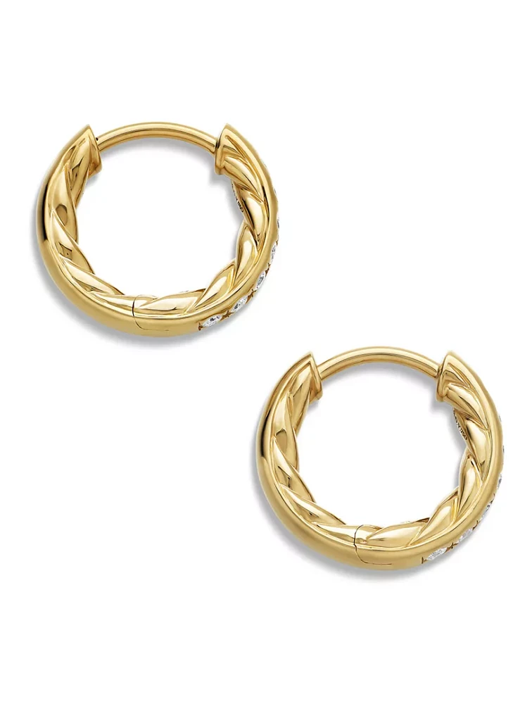 Pavé Huggie Hoop Earrings In 18k Yellow Gold With Diamonds, 13mm