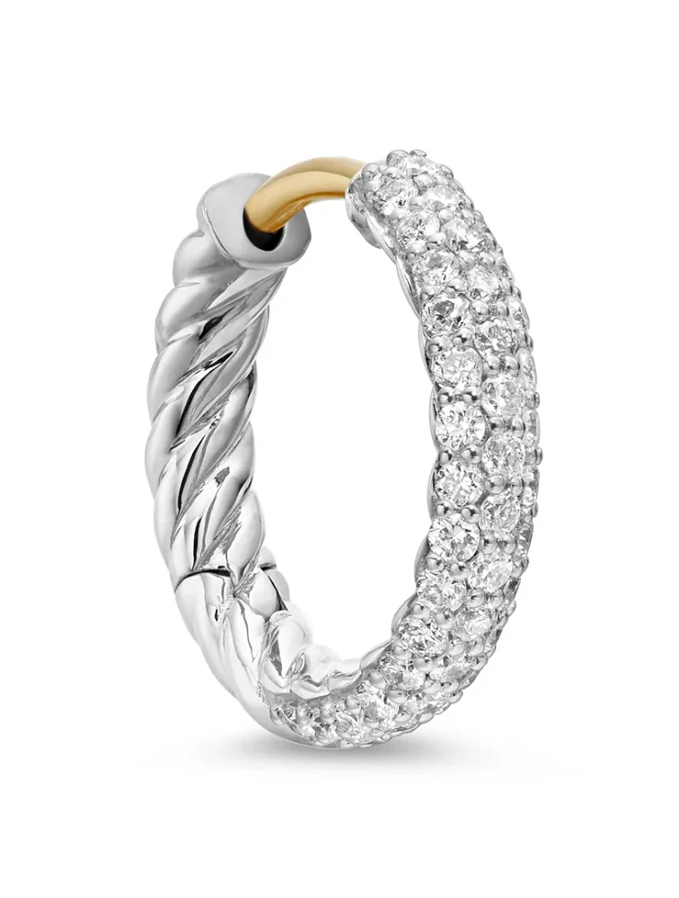Petite Pavé Huggie Hoop Earrings In Sterling Silver With Diamonds, 14mm