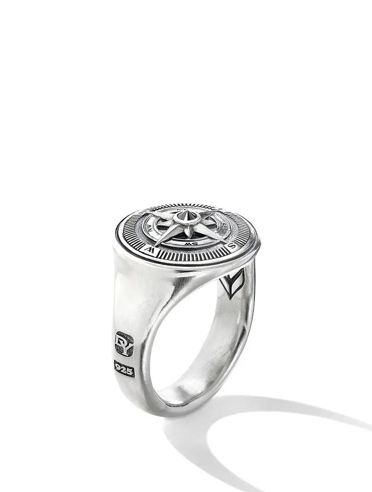 Maritime® Compass Signet Ring Sterling Silver With Center Black Diamond