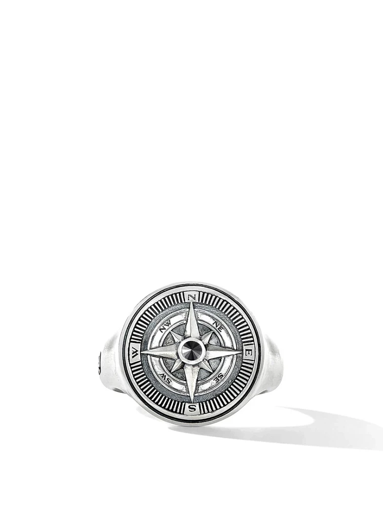 Maritime® Compass Signet Ring Sterling Silver With Center Black Diamond
