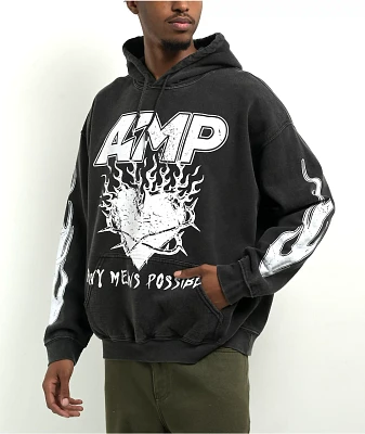 AMP Burning Heart Grey Pigment Dye Hoodie