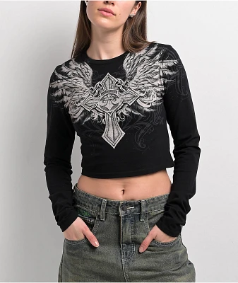 Affliction Ayala Skull Black Long Sleeve Crop T-Shirt