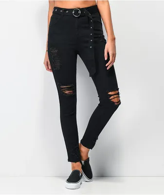 Almost Famous Belted Black Denim Jogger Pants