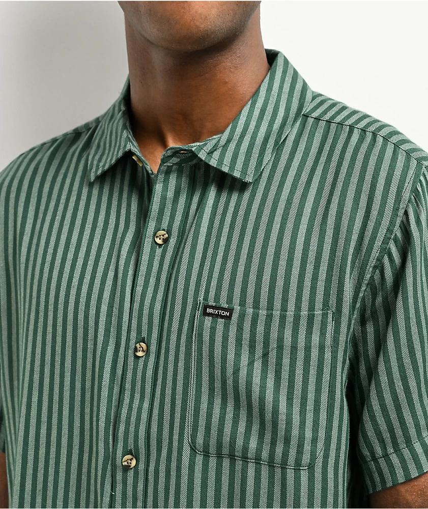 Brixton Charter Herringbone Green Stripe Short Sleeve Button Up Shirt