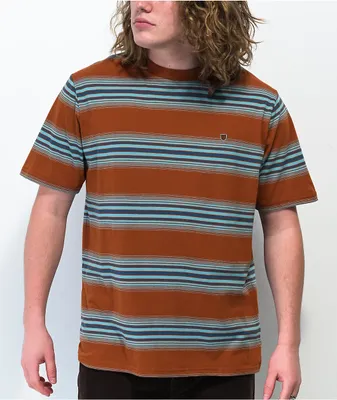 Brixton Hilt Shield Logo Brown & Blue Stripe Knit T-Shirt