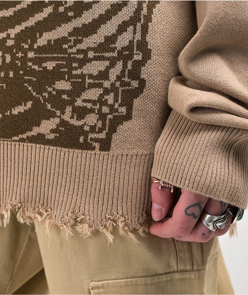 Broken Promises Embrace Distressed Brown Sweater