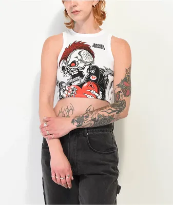 Broken Promises Heartthrob Skull White Crop Tank Top