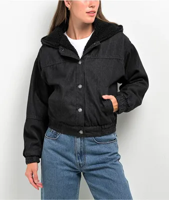 Cali 1850 Sherpa Lined Black Hooded Bomber Jacket
