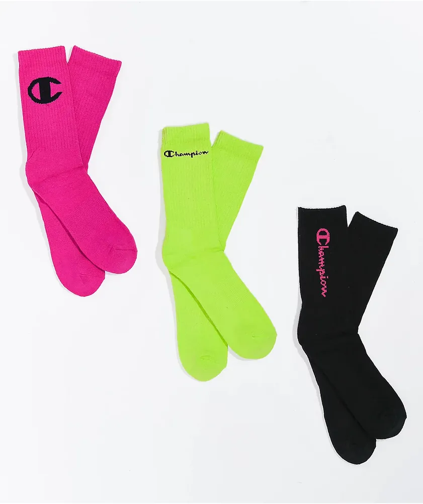 Champion C Life Fuchsia Lime & Black 3 Pack Crew Socks