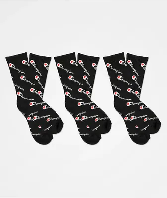 Champion Kids Allover Print Black 3 Pack Crew Socks