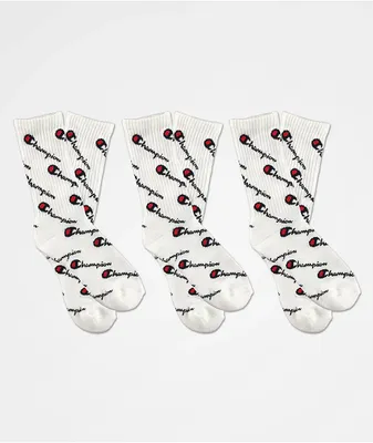 Champion Kids Allover Print White 3 Pack Crew Socks