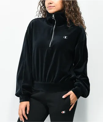 Champion Small C Satin Black Velour Quarter Zip Sweatshirt