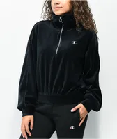 Champion Small C Satin Black Velour Quarter Zip Sweatshirt