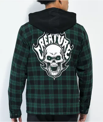 Creature Bonehead Green Plaid Hooded Flannel Jacket