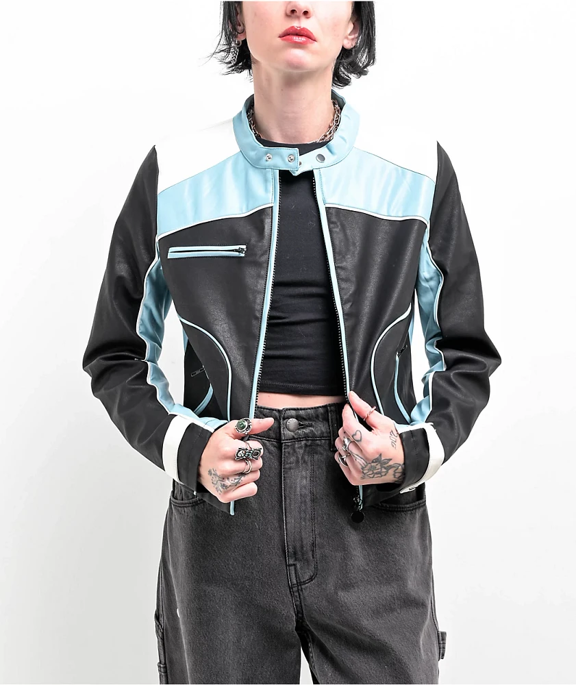 Daisy Street Blue & Black Color Block Moto Jacket