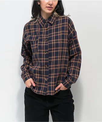 Daisy Street Lucy Navy & Orange Plaid Flannel Shirt