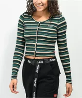 Dickies Forest Green Stripe Long Sleeve Button Front Top