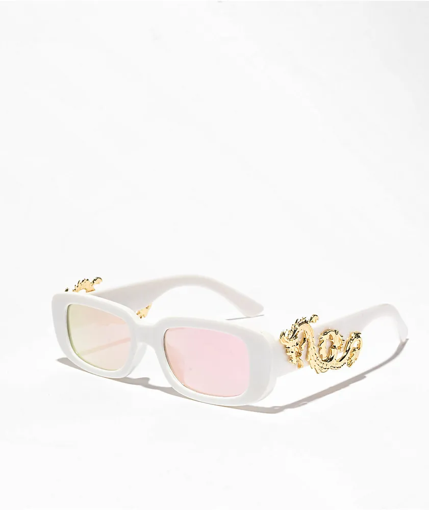 Dragon Arm White & Pink Rectangle Sunglasses