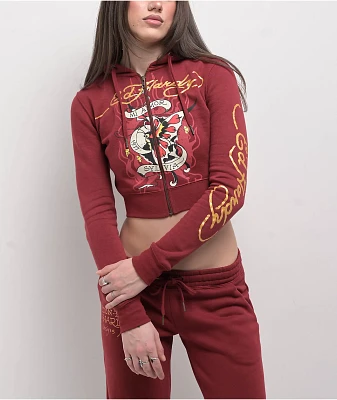 Ed Hardy Amor Butterfly Wine Crop Zip Hoodie