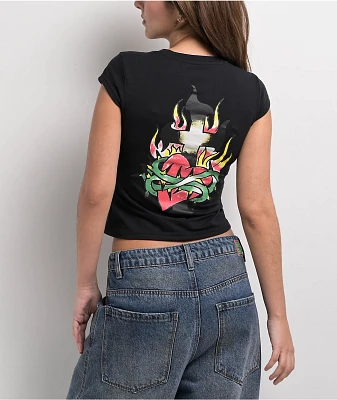 Ed Hardy Cross Heart Cap Sleeve Black T-Shirt
