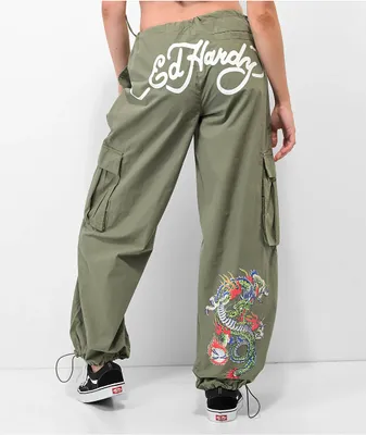 Ed Hardy Dragon Olive Green Cargo Parachute Pants
