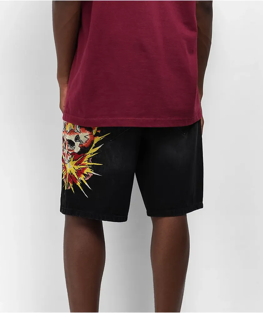 Ed Hardy Exploding Skull Black Denim Shorts