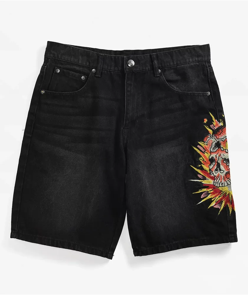 Ed Hardy Exploding Skull Black Denim Shorts