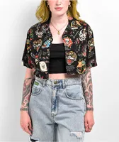Ed Hardy Flashboard Black Crop Button Up Shirt