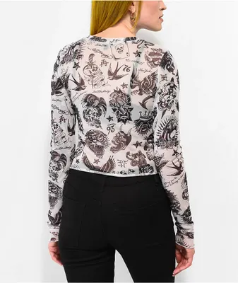 Ed Hardy Flashboard Grey Mesh Long Sleeve Crop T-Shirt