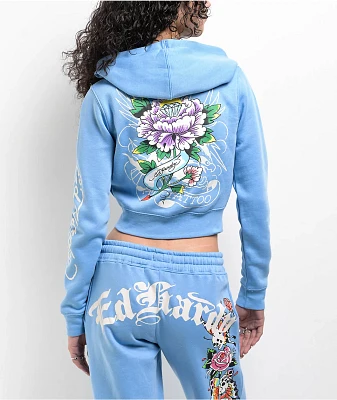 Ed Hardy Flower Skulls Powder Blue Crop Zip Hoodie