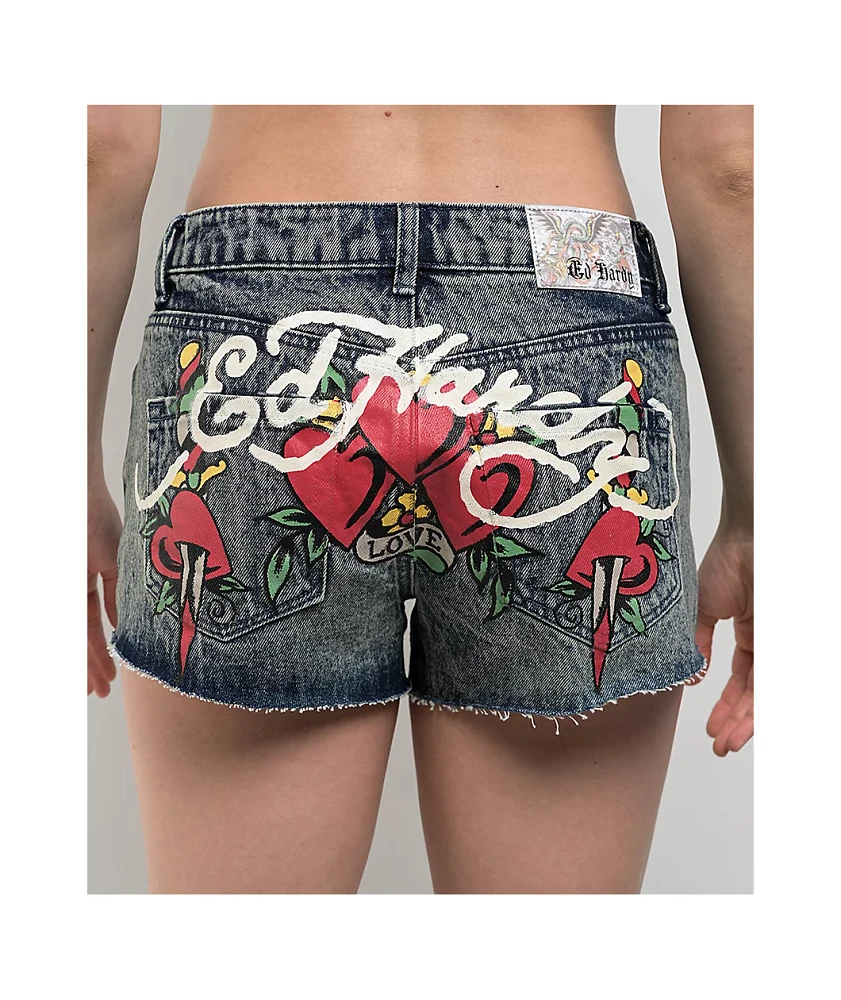 Ed Hardy Heart Dagger Blue Wash Denim Cutoff Shorts