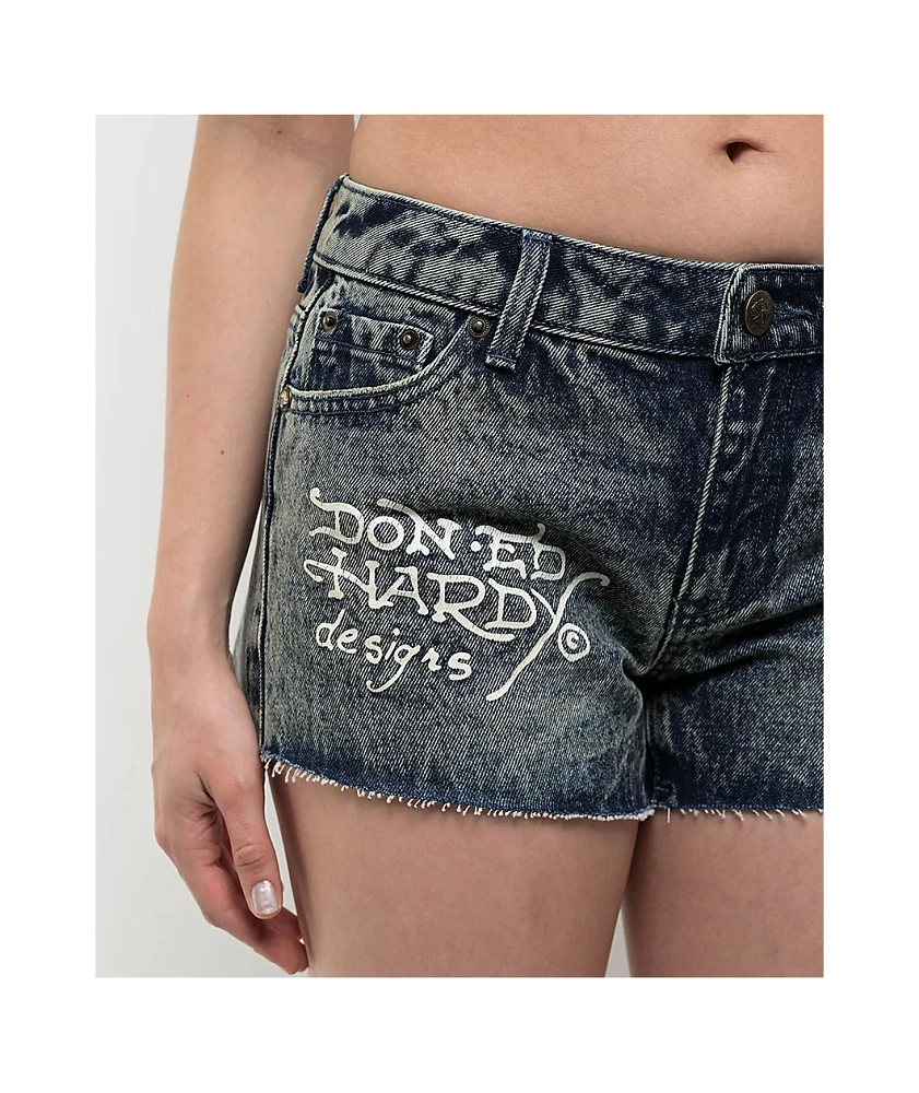 Ed Hardy Heart Dagger Blue Wash Denim Cutoff Shorts