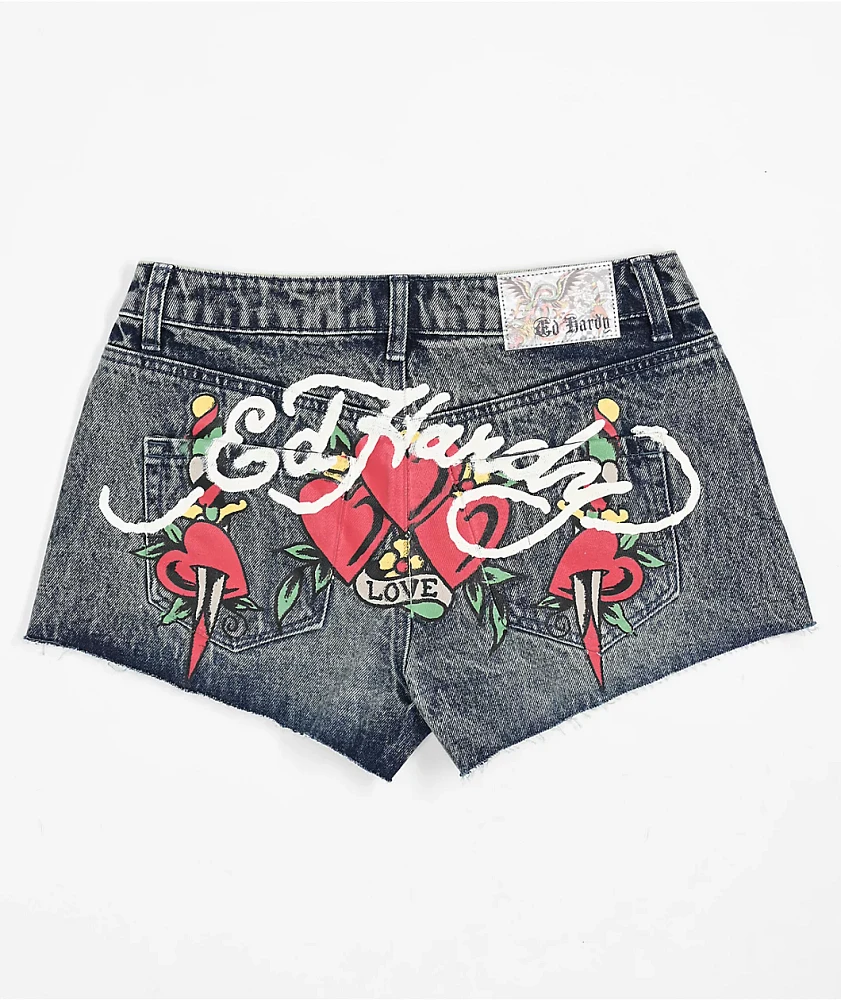 Ed Hardy Heart Dagger Blue Wash Denim Cutoff Shorts