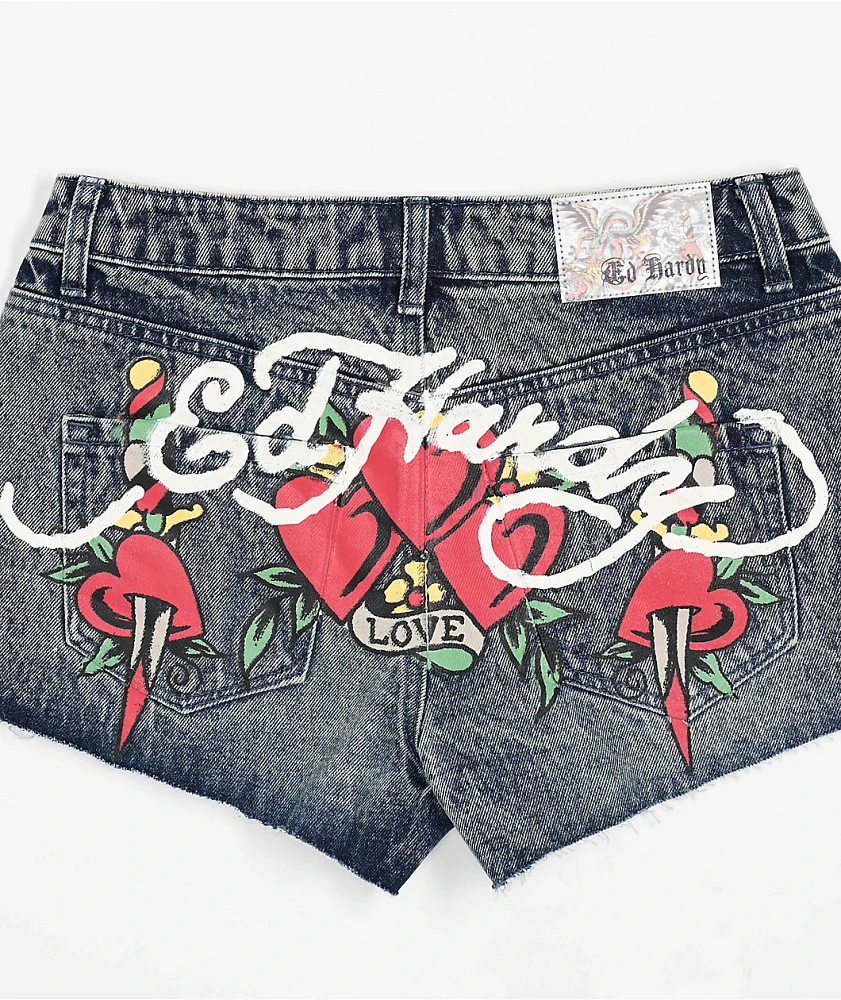 Ed Hardy Heart Dagger Blue Wash Denim Cutoff Shorts