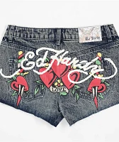 Ed Hardy Heart Dagger Blue Wash Denim Cutoff Shorts
