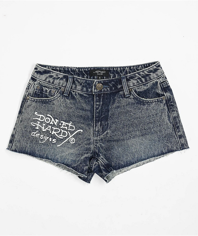 Ed Hardy Heart Dagger Blue Wash Denim Cutoff Shorts