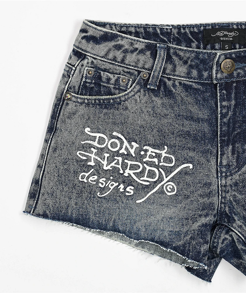 Ed Hardy Heart Dagger Blue Wash Denim Cutoff Shorts