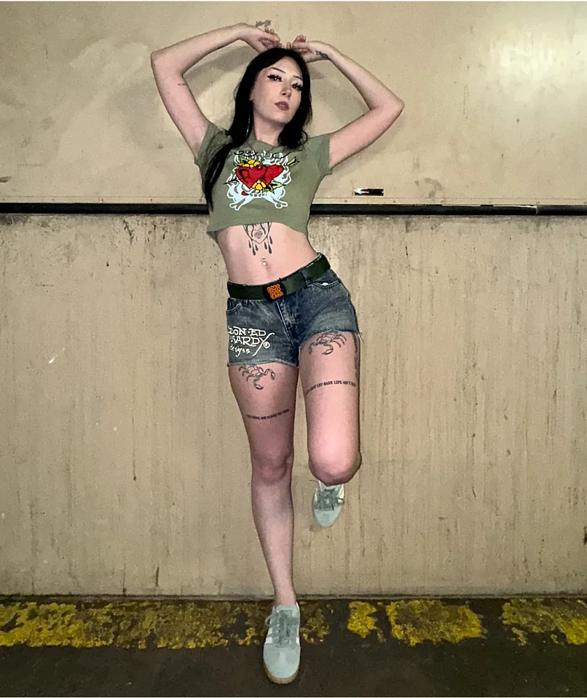 Ed Hardy Heart Dagger Blue Wash Denim Cutoff Shorts