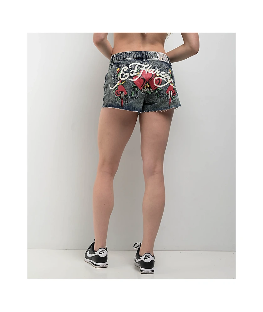 Ed Hardy Heart Dagger Blue Wash Denim Cutoff Shorts