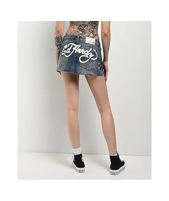 Ed Hardy Panther Dagger Dark Blue Cutoff Denim Mini Skirt