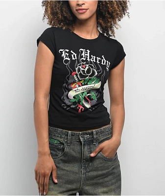 Ed Hardy Rose Rhinestone Cap Sleeve Black T-Shirt