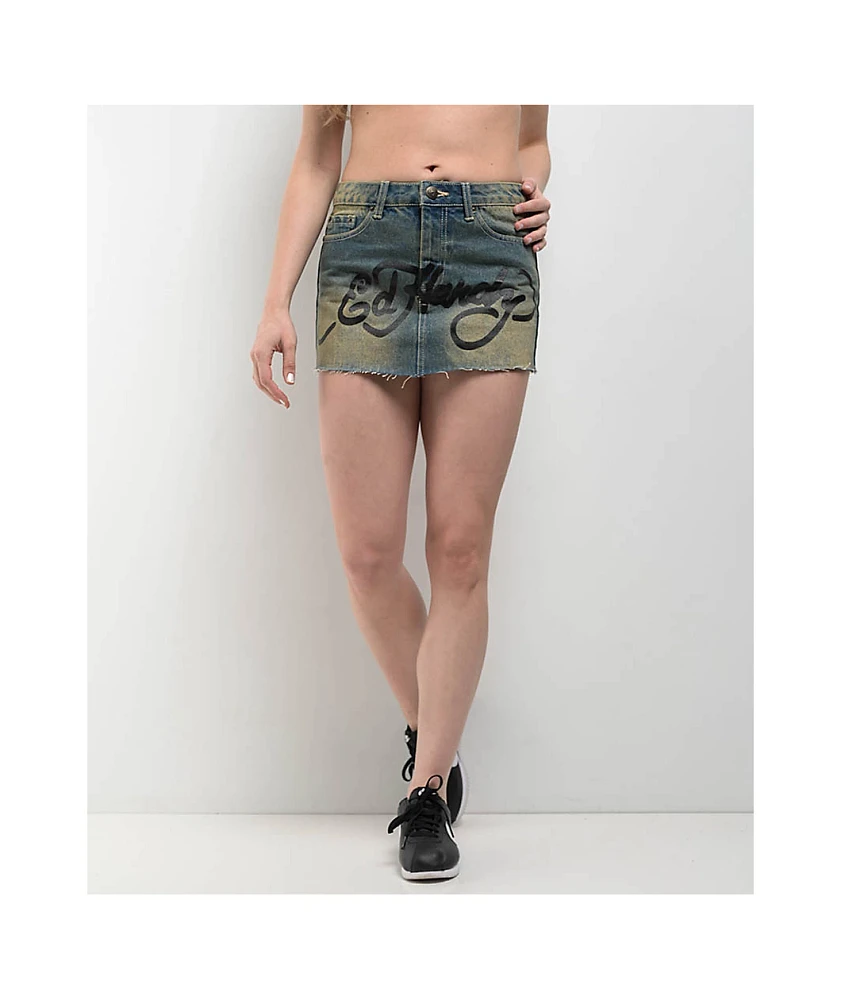 Ed Hardy Snake Hearts Black Cutoff Denim Mini Skirt