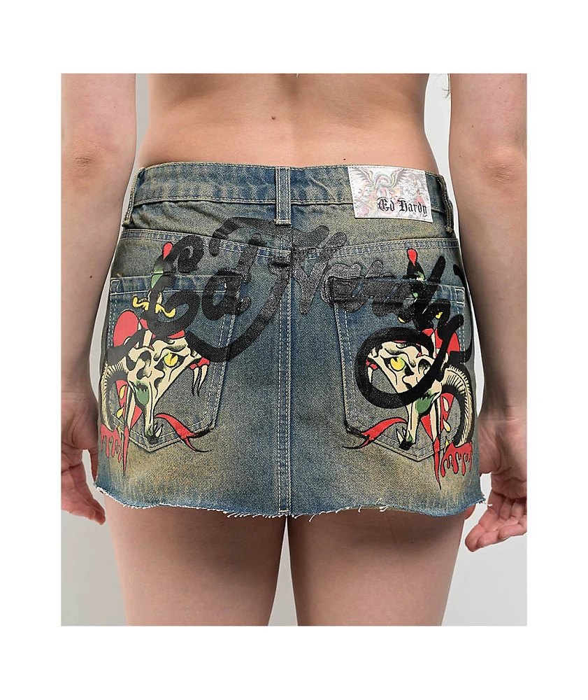 Ed Hardy Snake Hearts Y2K Tint Cutoff Denim Mini Skirt