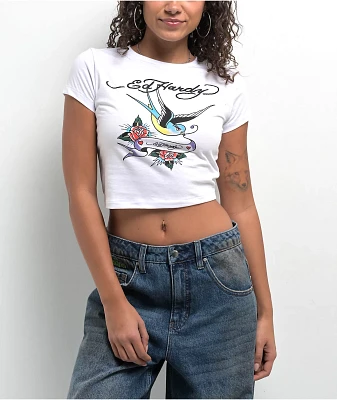 Ed Hardy Swallow Bird White Crop T-Shirt